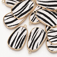 Eco-Friendly Cowhide Leather Pendants, with Golden Plated Alloy Cabochon Settings, teardrop, with Zebra-stripe Pattern, Black, 35x21x2~3mm, Hole: 1.8mm(FIND-N049-03N)