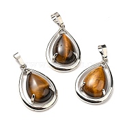 Natural Tiger Eye Pendants, Teardorp Charms, with Rack Plating Platinum Tone Brass Findings, Cadmium Free & Lead Free, 30.5x20x8mm, Hole: 8x5mm(G-B033-04P-14)