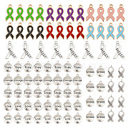 88Pcs 14 Styles Alloy Enamel & Alloy Pendants, Awareness Ribbon & Flat Round with Word, Mixed Color, 17~23.5x7.5~14x2~3mm, Hole: 1.5~2mm(FIND-CA0007-35)