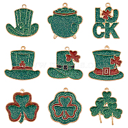 18Pcs 9 Styles Saint Patrick's Day Alloy Enamel Pendants, with Sequins, Word Luck/Hat/Clover, Green, 25.5~29x22~29x2mm, Hole: 1.5mm, 2pcs/style(ENAM-SC0004-62)