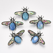 Natural Agate Brooches/Pendants, with Rhinestone and Alloy Findings, Abalone Shell/Paua Shelland Resin Bottom, Dyed, Bee, Antique Silver, 36x56.5x14mm, Hole: 7x4mm, Pin: 0.7mm(G-S353-08E)
