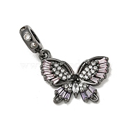 Rack Plating Brass Pave Colorful Cubic Zirconia European Dangle Charms, Butterfly Large Hole Pendants, Long-Lasting Plated, Cadmium Free & Lead Free, Gunmetal, 32.5mm, Hole: 5mm(KK-P277-19B)