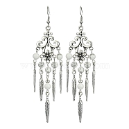 Natural Howlite Beaded Chandelier Earrings, Alloy Feather Tassel Earrings with 304 Stainless Steel Pins, 102x30mm(EJEW-JE05371-03)