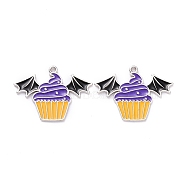 Halloween Alloy Enamel Pendant, Bat with Cake, Platinum, 22x30x1mm, Hole: 1.5mm(ENAM-B047-01P)