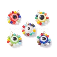 Wire Wrapped Glass & Resin Pendants, with Brass Findings, Flat Round with Evil Eye, Mixed Color, 18x16x6mm, Hole: 1.5mm(PALLOY-JF01316)