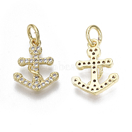Brass Micro Pave Cubic Zirconia Charms, with Jump Ring, Nickel Free, Anchor, Clear, Real 18K Gold Plated, 14x11x2mm, Hole: 3mm(ZIRC-R109-023G-NF)