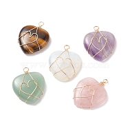 Natural & Synthetic Gemstone Pendants, Heart Charm, with Real 18K Gold Plated Tone Copper Wire Wrapped, 38~39x30~30.5x8.5~9mm, Hole: 3.5~4mm(PALLOY-JF01700)