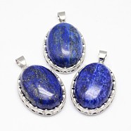 Natural Lapis Lazuli Pendants, with Brass Findings, Oval, Dyed, Platinum, 30x21x10~11mm, Hole: 6x4mm(G-D851-32)