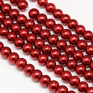 Eco-Friendly Dyed Glass Pearl Round Bead Strands, Cotton Cord Threaded, Red, 6mm, Hole: 0.7~1.1mm, about 72pcs/strand, 15 inch(X-HY-A002-6mm-RB038)