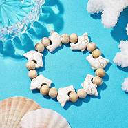 Beach Dolphin Dyed Synthetic Turquoise Stretch Bracelets, Summer Wood Beaded Kid Bracelets for Girls, Floral White, Inner Diameter: 1-3/4 inch(4.5cm), Bead: 7x8~8.5mm, Dolphin: 12x19.5mm(BJEW-JB10288-02)