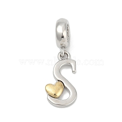 Brass European Dangle Charms, Heart Letter Large Hole Pendants, Platinum & Golden, Letter S, 25.5~30.5mm, Hole: 6mm(KK-Z097-01S-GP)