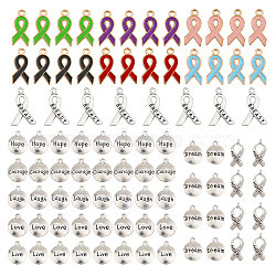 88Pcs 14 Styles Alloy Enamel & Alloy Pendants, Awareness Ribbon & Flat Round with Word, Mixed Color, 17~23.5x7.5~14x2~3mm, Hole: 1.5~2mm(FIND-CA0007-35)