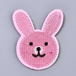 Rabbit Appliques, Computerized Embroidery Cloth Iron on/Sew on Patches, Costume Accessories, Pink, 59.5x47x1mm(DIY-S041-107)