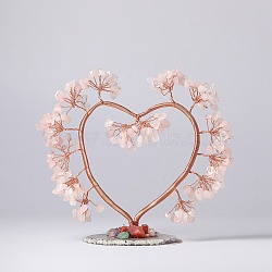 Natural Rose Quartz Chips Love Heart Tree Decorations, Copper Wire Feng Shui Energy Stone Gift for Home Desktop Decoration, 150~155x80~85x135~140mm(DJEW-P017-B04)