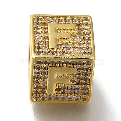 Brass Cubic Zirconia Beads, Letter F, Square, Letter F, 9.5x9.5x9.5mm, Hole: 6mm(KK-Q818-01F-G)