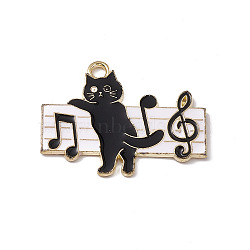 Music Theme Charm, Alloy Enamel Pendants, Cat with Music Scores, Golden, White, 21.5x27.5x1.2mm, Hole: 2mm(X-ENAM-M049-04G-C)