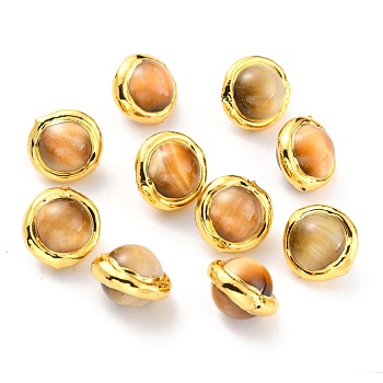 Natural Tiger Eye Beads, with Golden Brass Edge, Dyed, Round, Bisque, 15.5~17x15.5~16x12.5mm, Hole: 0.8mm