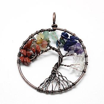 Natural/Synthetic Mixed Stone Chip Big Pendants, with Brass Wires, Tree, Red Copper, 62~65x48~53x5~10mm, Hole: 4mm