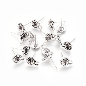 Antique Silver Tibetan Style Alloy Stud Earring Findings, with Loop, Lead Free & Nickel Free, Flat Round, 13x8.5mm, Hole: 2mm, Pin: 1mm, Fit for 5mm Rhinestone