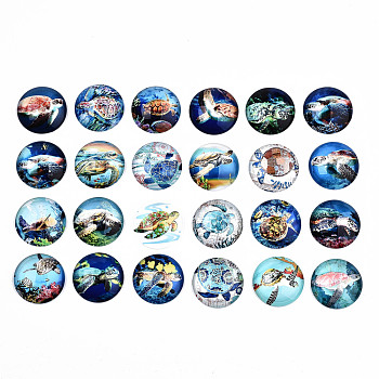 Glass Cabochons, Half Round with Sea turtle Pattern, Mixed Color, 25x7.5mm, 24pcs/set