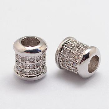 Brass Micro Pave Cubic Zirconia Beads, Column, Lead Free & Nickel Free, Platinum, 7.5x6.5mm, Hole: 3mm