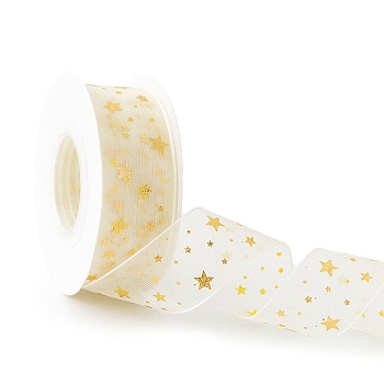 10 Yards Gold Stamping Star Chiffon Ribbons, Garment Accessories, Gift Packaging, Star, 1 inch(25mm)