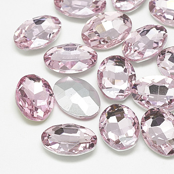 Pointed Back Glass Rhinestone Cabochons, Back Plated, Faceted, Oval, Light Rose, 10x8x4mm