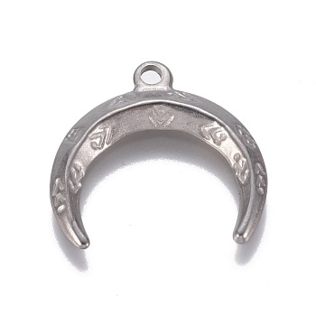 304 Stainless Steel Pendants, Double Horn/Crescent Moon, Stainless Steel Color, 18.8x19.2x2.2mm, Hole: 1.8mm