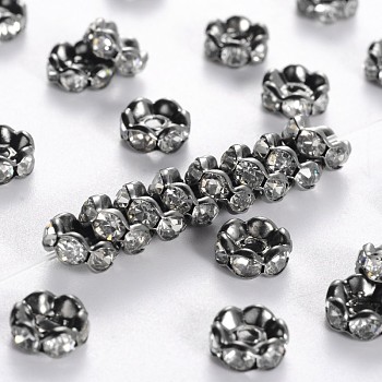 Brass Rhinestone Spacer Beads, Grade A, Wavy Edge, Gunmetal, Rondelle, Crystal, 6x3mm, Hole: 1mm
