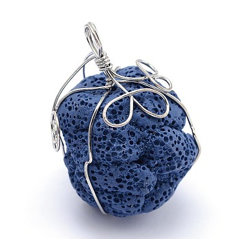 Irregular Synthetic Lava Rock Big Pendants, with Platinum Plated Brass Findings, Dyed, Royal Blue, 48x31x33mm, Hole: 6.5mm