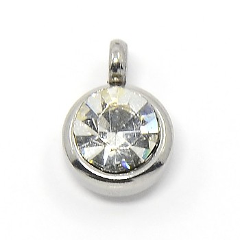 Trendy Original Color 304 Stainless Steel Grade A Rhinestone Flat Round Charm Pendants, Faceted, Crystal, 9x6.5x4mm, Hole: 2mm