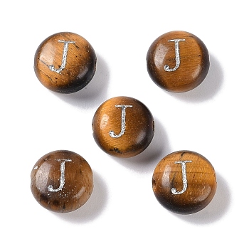 Natural Tiger Eye Beads, Rondelle with Letter, Letter J, 8.5~9x5~5.5mm, Hole: 1.2mm