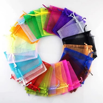 Rectangle Organza Drawstring Bags, Mixed Color, 12x9cm