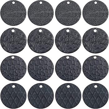 24Pcs 4 Style Stainless Steel Pendants, Flat Round, Electrophoresis Black, 15x1mm, Hole: 1.4~1.5mm, 6pcs/style