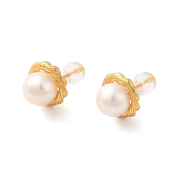 Sterling Silver Studs Earrings, with Natural Pearl,  Jewely for Women, Round, Real 18K Gold Plated, 20x12mm