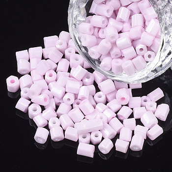 6/0 Two Cut Glass Seed Beads, Hexagon, Baking Paint, Pearl Pink, 3.5~5x3.5~4mm, Hole: 1mm, about 4500pcs/bag