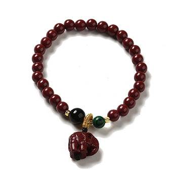 6mm Round Cinnabar Mala Stretch Bracelets, with Synthetic Malachite and Natural Agate, Elephant, Inner Diameter: 2 inch(4.95~5.1cm)