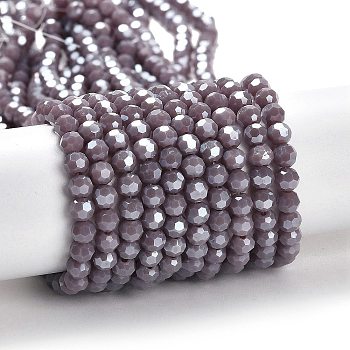 Electroplate Opaque Glass Beads Strands, Faceted(32 Facets), Pearl Luster Plated, Round, Old Rose, 4mm, Hole: 0.7mm, about 88~95pcs/strand, 12.99~14.06 inch(33~35.7cm)