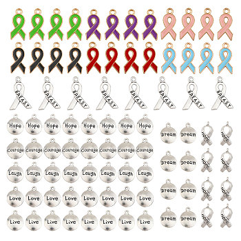 88Pcs 14 Styles Alloy Enamel & Alloy Pendants, Awareness Ribbon & Flat Round with Word, Mixed Color, 17~23.5x7.5~14x2~3mm, Hole: 1.5~2mm