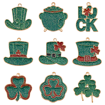 18Pcs 9 Styles Saint Patrick's Day Alloy Enamel Pendants, with Sequins, Word Luck/Hat/Clover, Green, 25.5~29x22~29x2mm, Hole: 1.5mm, 2pcs/style