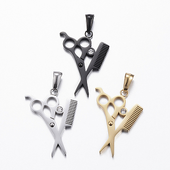 304 Stainless Steel Rhinestone Pendants, Hair scissors, Mixed Color, 30x22x2mm, Hole: 3x7mm