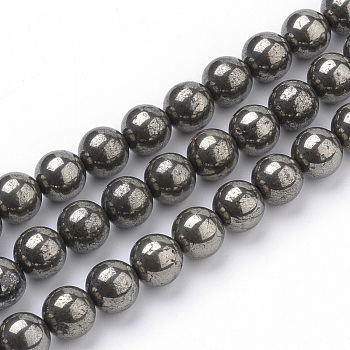 Natural Pyrite Beads Strands, Round, 6mm, Hole: 1mm, about 63~67pcs/strand, 14.96 inch(38cm)