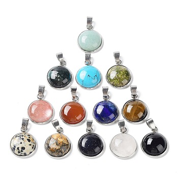 Natural & Synthetic Mixed Stone Pendants, Half Round/Dome Charms with Stainless Steel Color Plated 304 Stainless Steel Frame, 19.5x15.5x5.5~6.5mm, Hole: 3.5x6.5mm
