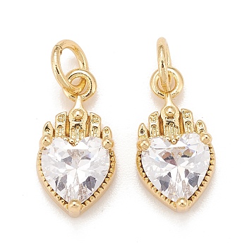 Brass Inlaid Clear Cubic Zirconia Charms, Real 18K Gold Plated, Lead Free & Cadmium Free, Heart, Clear, 14x7x4mm, Hole: 3mm