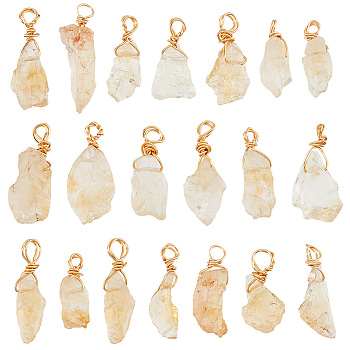 20Pcs Rough Raw Natural Citrine Pendants, with Real 18K Gold Plated Eco-Friendly Copper Wire Wrapped, Nuggets Charm, 27.5~32x11~13x6.5~12mm, Hole: 3mm