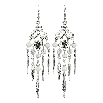 Natural Howlite Beaded Chandelier Earrings, Alloy Feather Tassel Earrings with 304 Stainless Steel Pins, 102x30mm