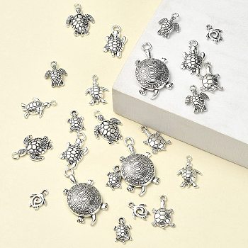24Pcs 8 Styles Tibetan Style Alloy Sea Turtle Pendants, Antique Silver, 13~34.5x9~18.5x1.5~5mm, Hole: 1.2~2.5mm, 3pcs/style