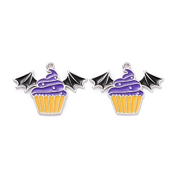 Halloween Alloy Enamel Pendant, Bat with Cake, Platinum, 22x30x1mm, Hole: 1.5mm