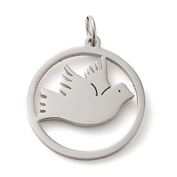 304 Stainless Steel Pendants, with Jump Ring, Flat Round, Stainless Steel Color, Bird, 33x29.5x2mm, Hole: 5.5mm
