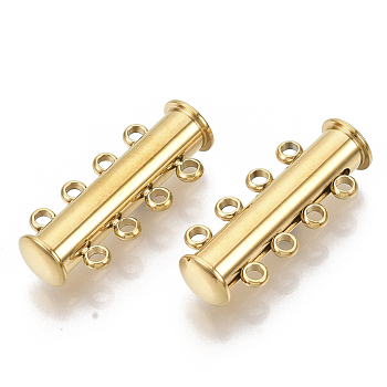 201 Stainless Steel Magnetic Slide Lock Clasps, 4 Strands, 8 Holes, Tube, Golden, 24.5x10x6.5mm, Hole: 1.6mm